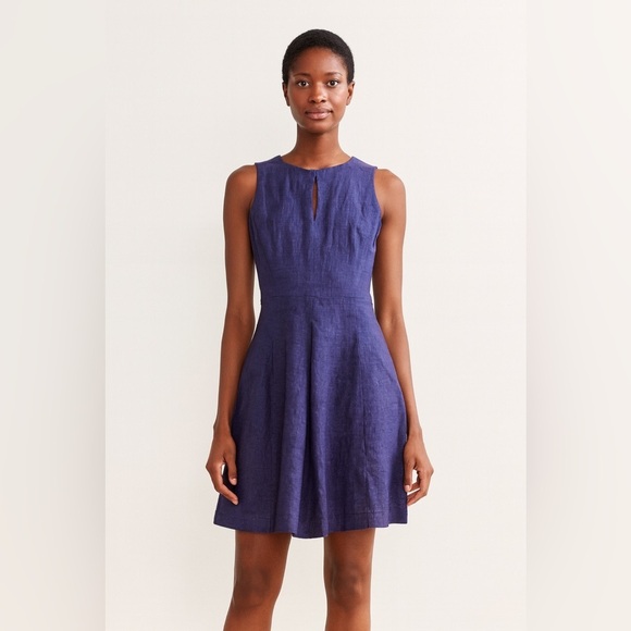 Donna Morgan Linen Mini Dress 6 Fit & Flare Navy Denim Keyhole Sheath Sleeveless - Picture 1 of 9